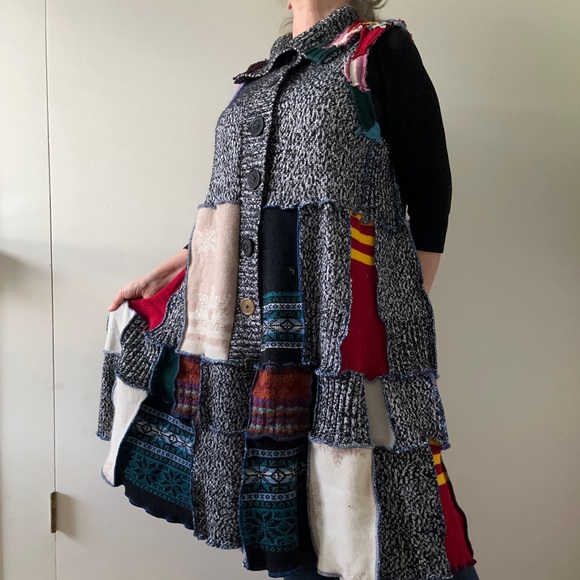 Upcycled Sweater Vest Long Cardi Boho Hippie Tiered Pixie Patchwork Cottage Core - Picture 7 of 14